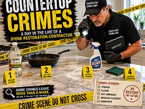 Infographic-style image of a stone restoration contractor at a kitchen counter, with yellow 'CRIME SCENE DO NOT CROSS' tape and numbered steps 1–4 explaining the process.